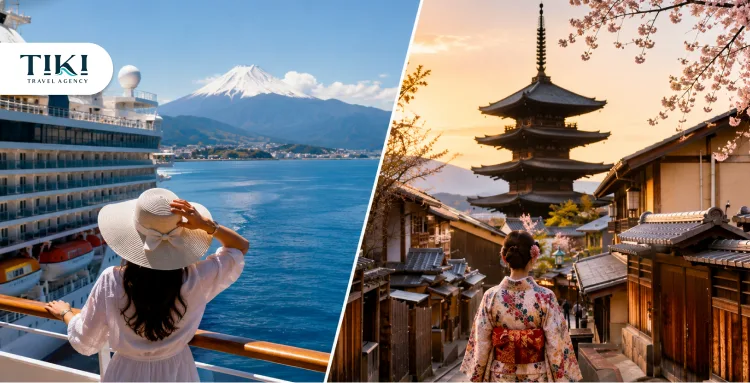 Japan Cruise and Kyoto Land Tour Travel Experience Traveler enjoying a Japan cruise with Mount Fuji views beside a Kyoto cultural land tour scene
